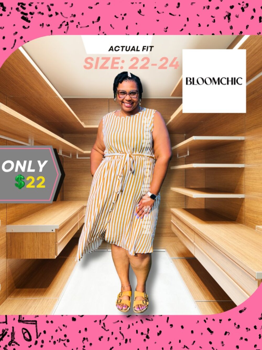BloomChic Striped Button-Accent Tie-Waist Midi Dress - Size 22-24